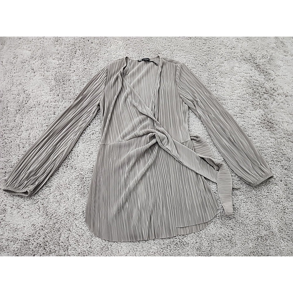 Zara Plisse Wrap Tunic Women Small Taupe Pleated Balloon Sleeve V-Neck Top
